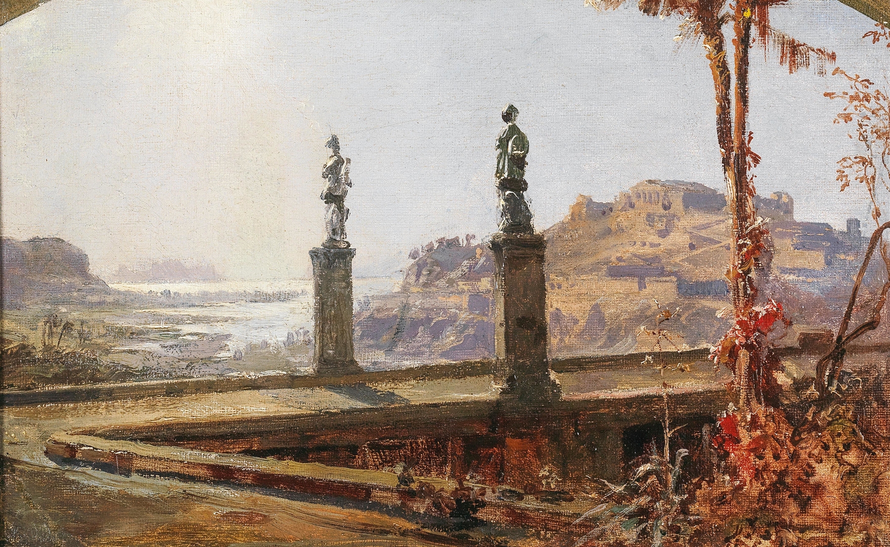 Romantic oil painting by Christian Wilberg depicting hills and a temple under a soft sky