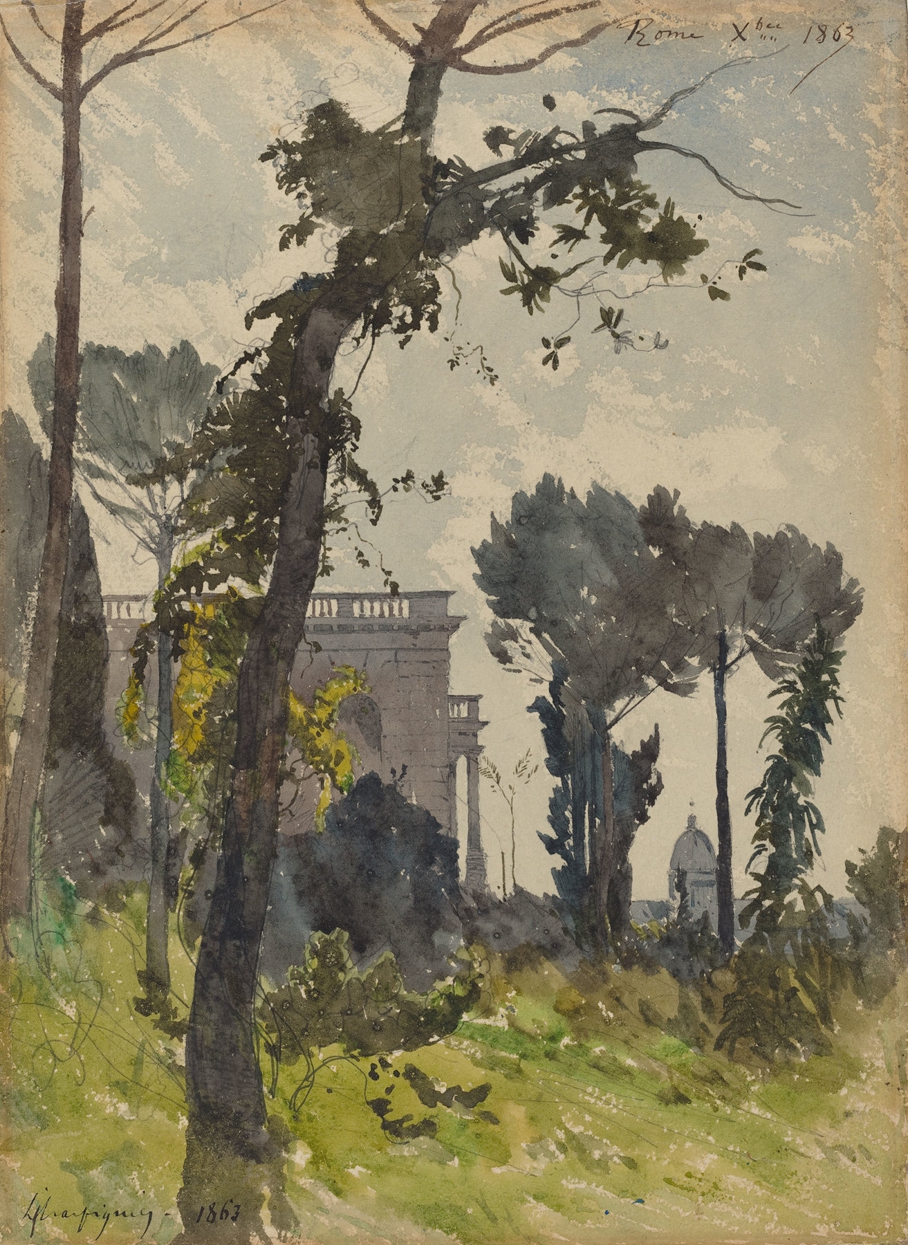 Oil painting by Henri-Joseph Harpignies depicting the dome of Saint Peter's in Rome.