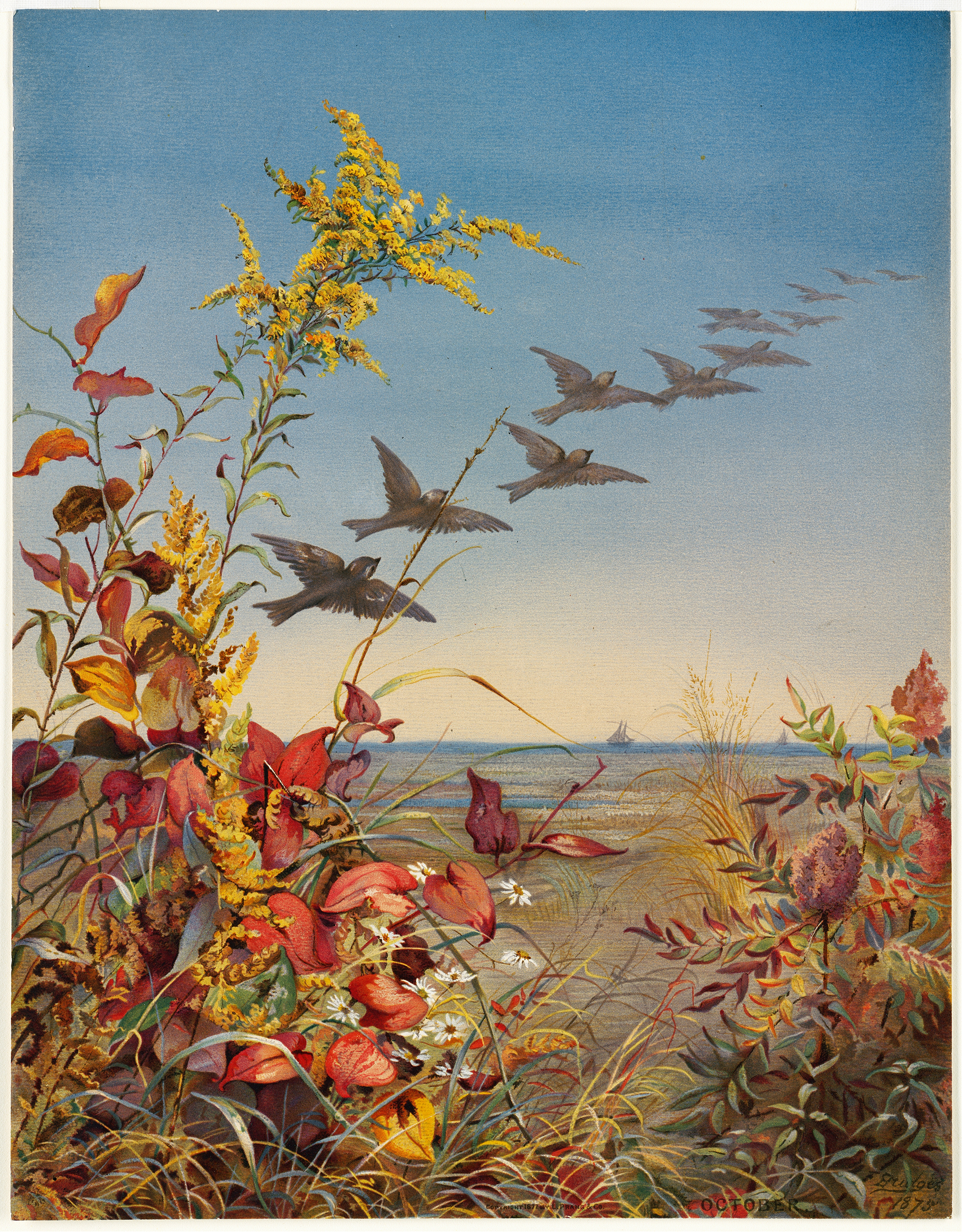 Watercolour by Fidelia Bridges depicting autumn leaves in a tranquil landscape.