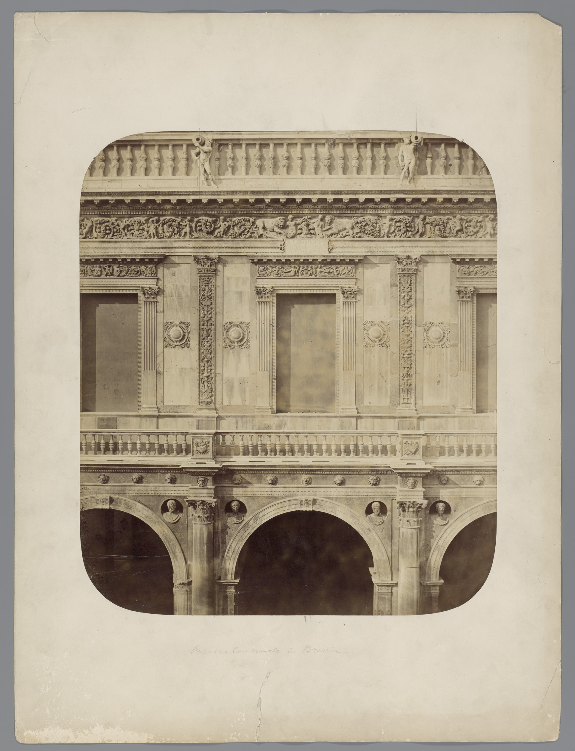 Palazzo Communale te Brescia by Giacomo Rossetti, albumen print depicting elegant arches and soft light.