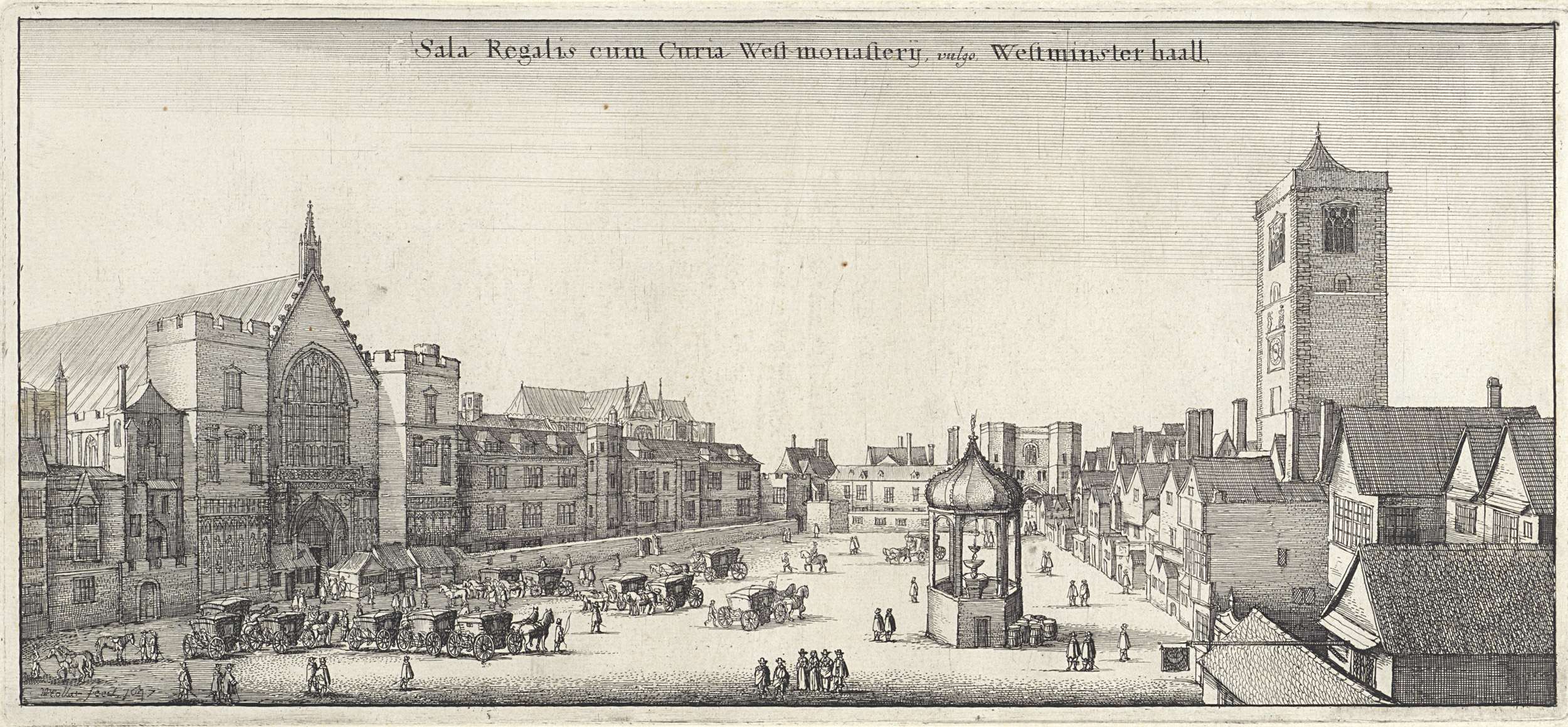 Etching of Westminster Hall under a cloudy sky by Wenceslaus Hollar