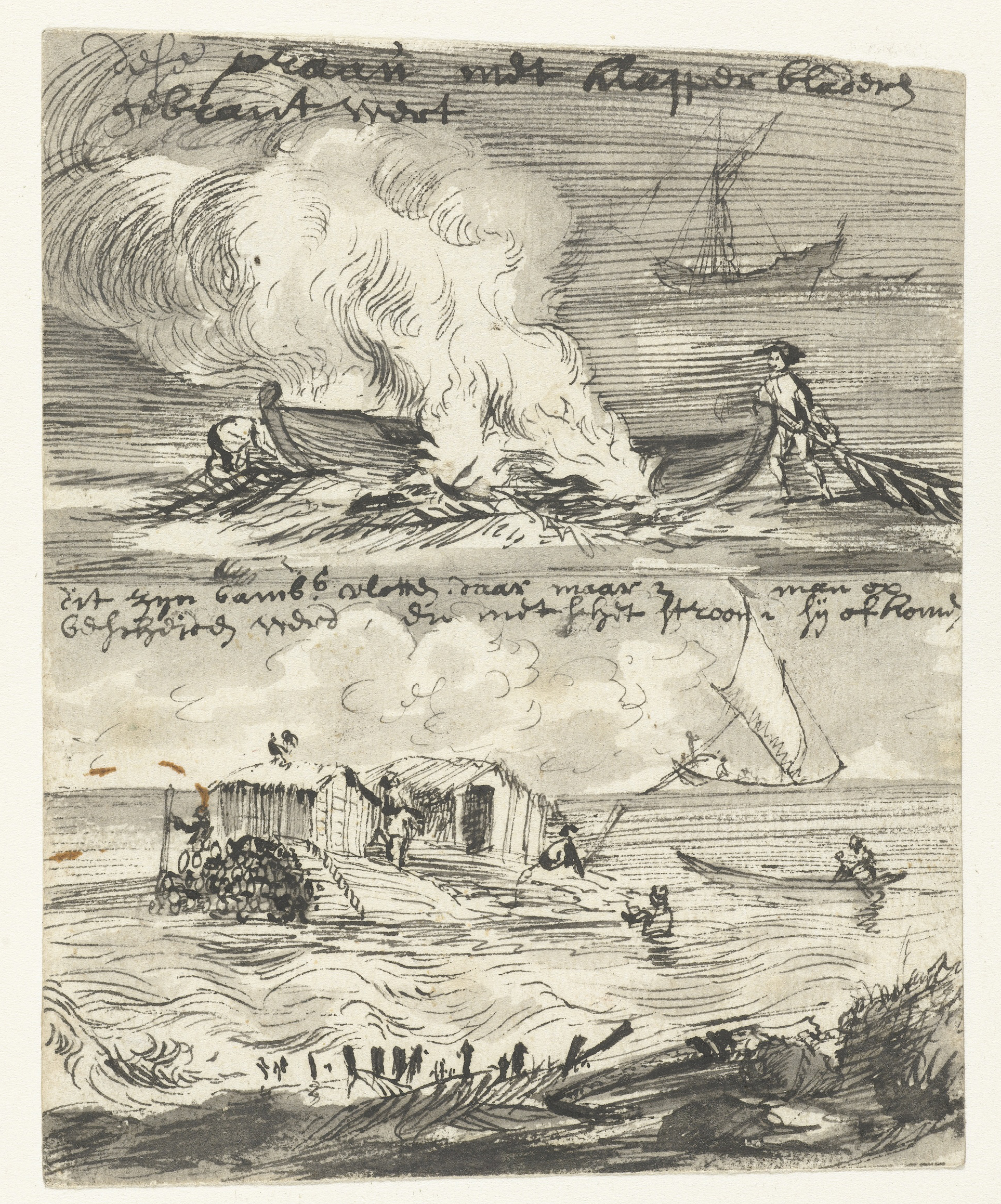 Schetsen van een prauw en twee bamboevlotten by Wouter Schouten, drawing of boats on a river
