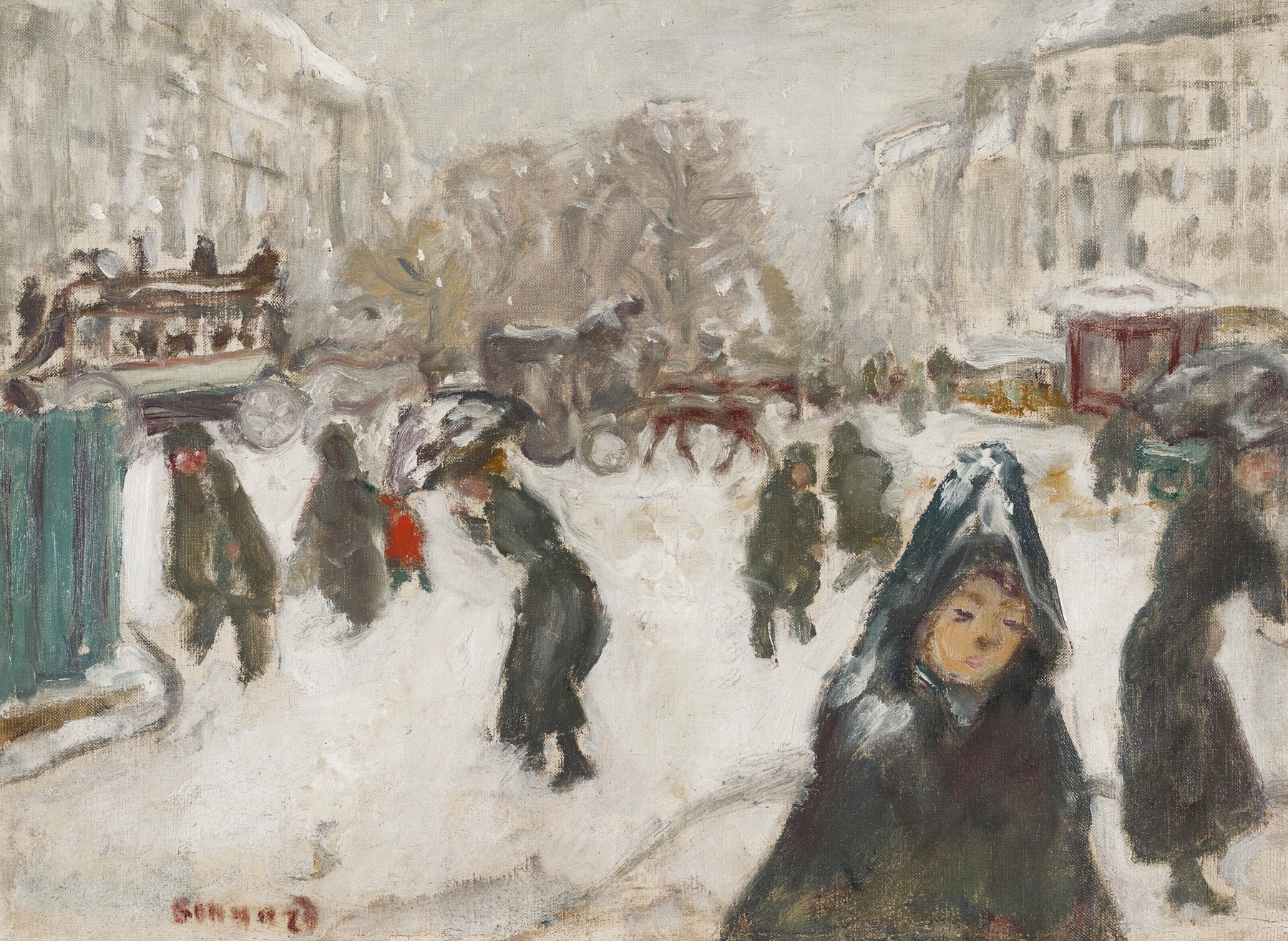 Rue sous la neige, oil painting by Pierre Bonnard, showing a snowy street with cobblestones.