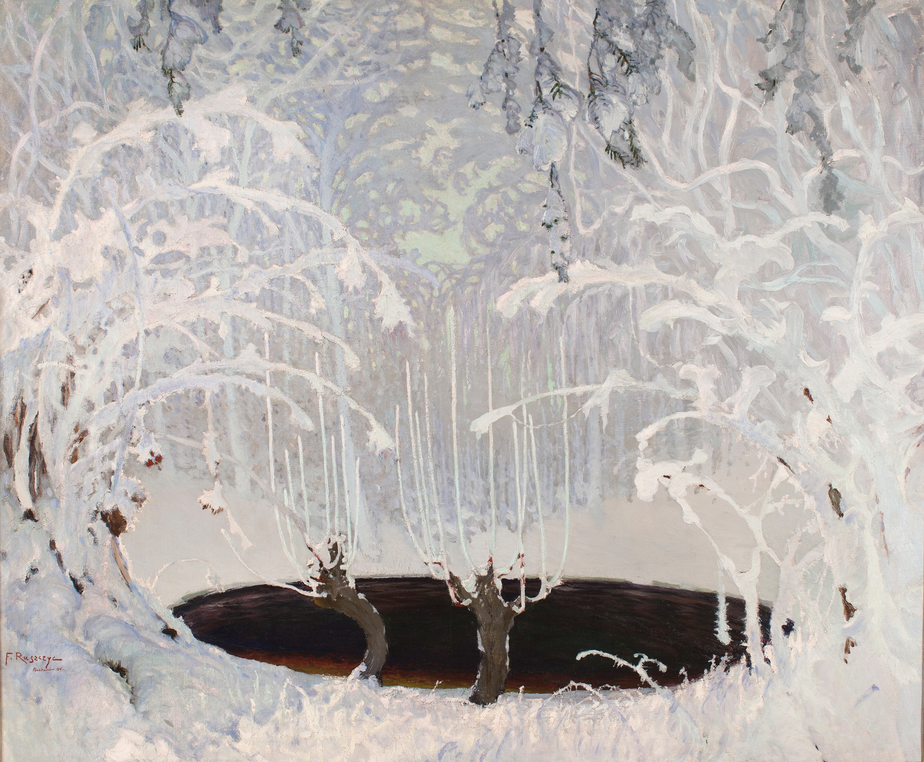 Winter Tale by Ferdynand Ruszczyc, oil on canvas depicting a snowy landscape with trees and a dusky sky.