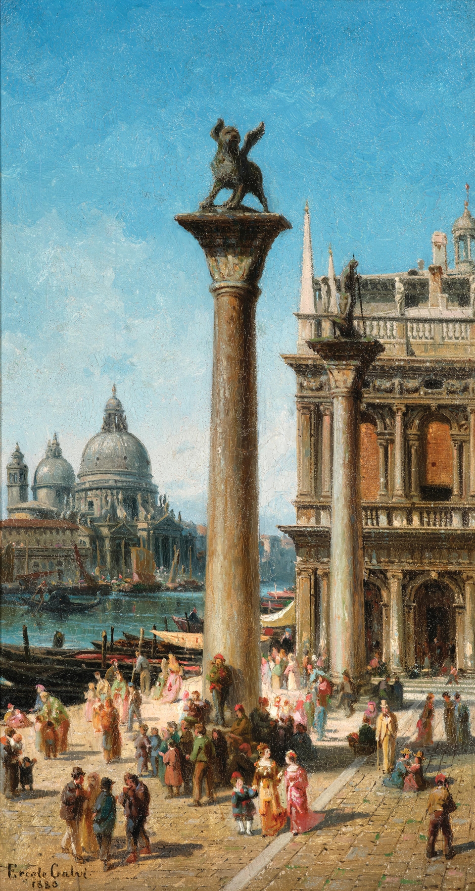 Landscape of Venice with water and architecture, oil painting by Ercole Calvi, 1880