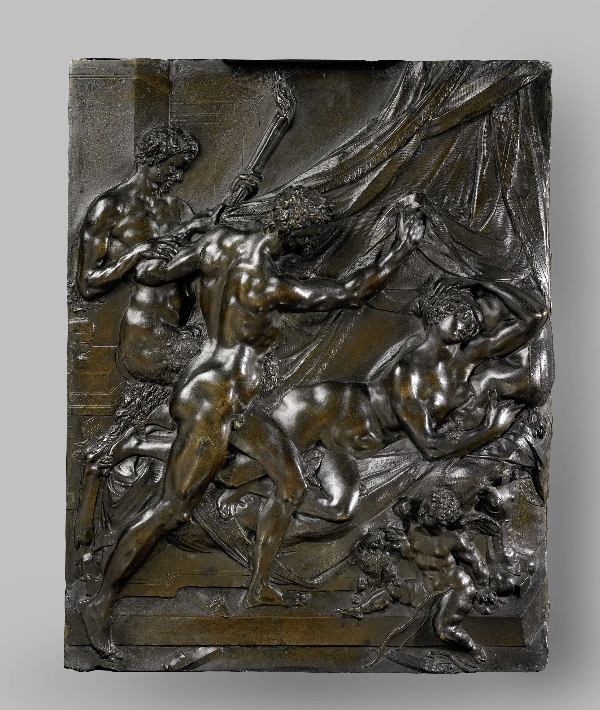 Bronze relief by Adriaen de Vries depicting Bacchus, Ariadne, and a satyr with a torch.