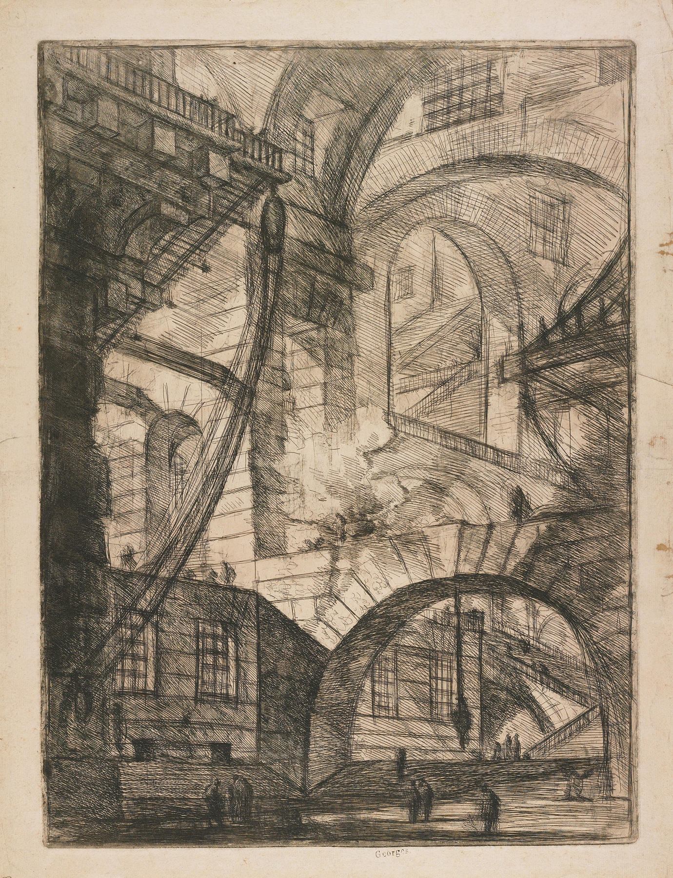 Perspective of Arches, with a Smoking Fire, Plate 6 from Carceri d’Invenzione, by Giovanni Battista Piranesi, public domain