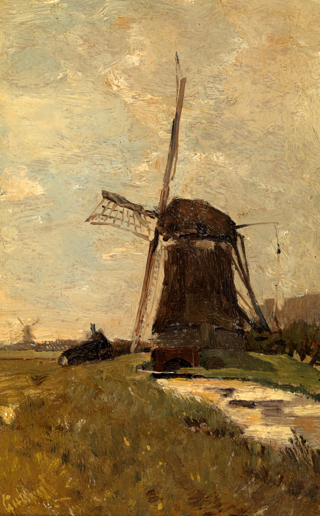 Oil painting by Paul Joseph Constantin Gabriël featuring windmills against a serene sky