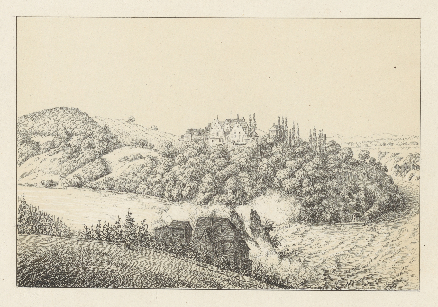 Waterfall scene by Johann Friedrich Wagner, Romanticism, depicting rushing water and rocks.