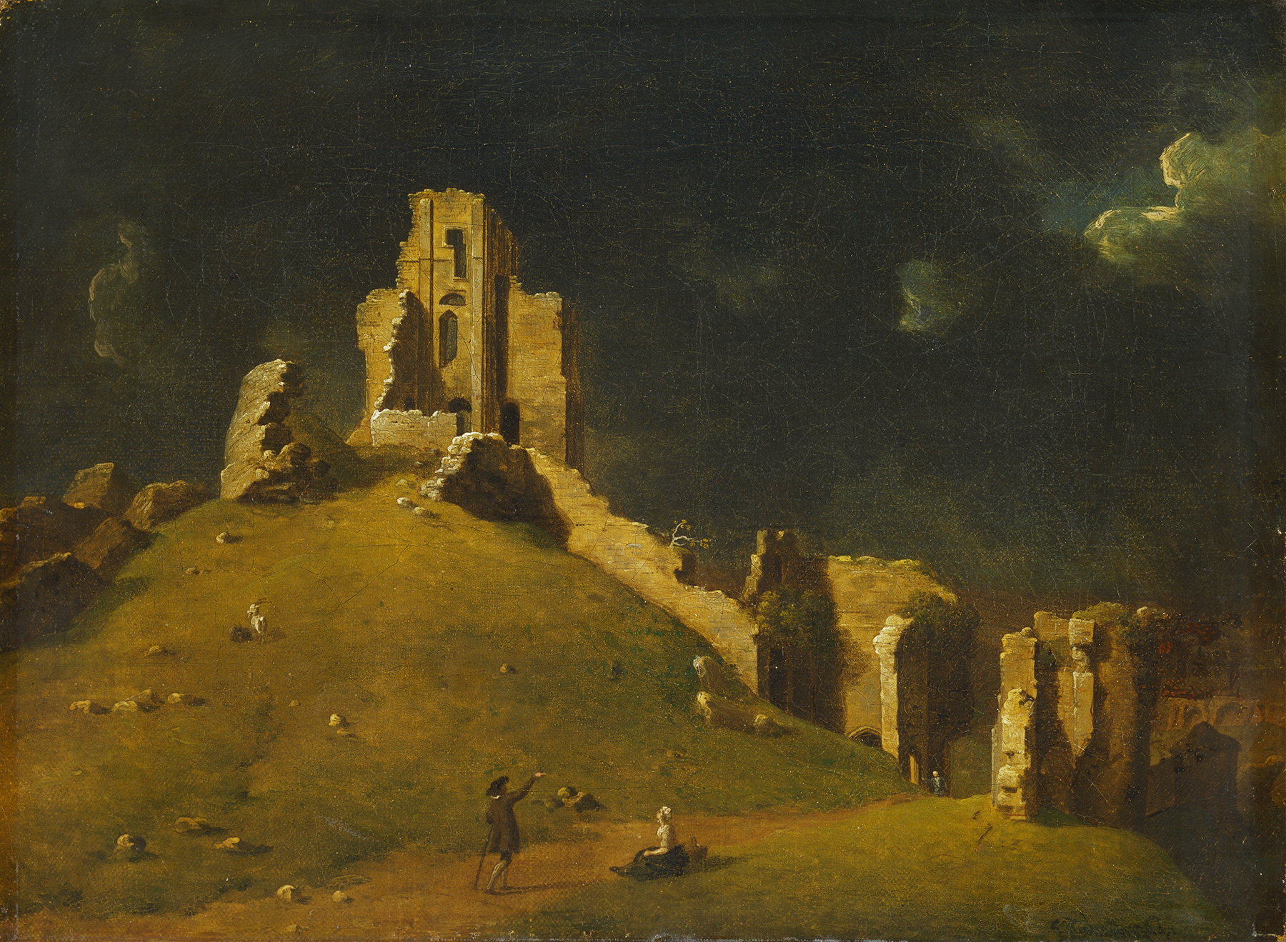 Corfe Castle, Dorset by John Inigo Richards, oil on canvas depicting ruins against a soft sky.