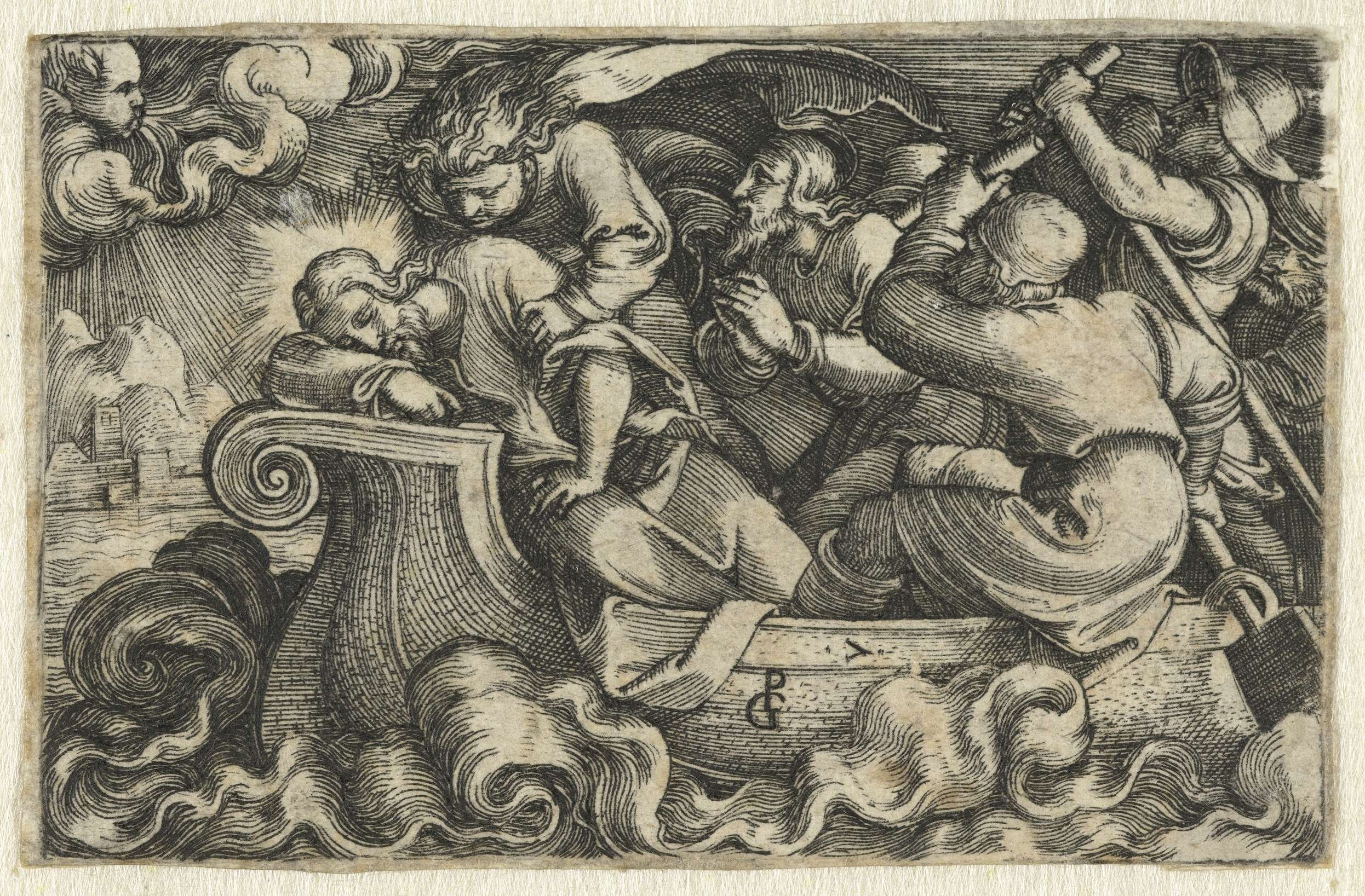 Engraving by Georg Pencz depicting disciples awakening Christ during a storm.