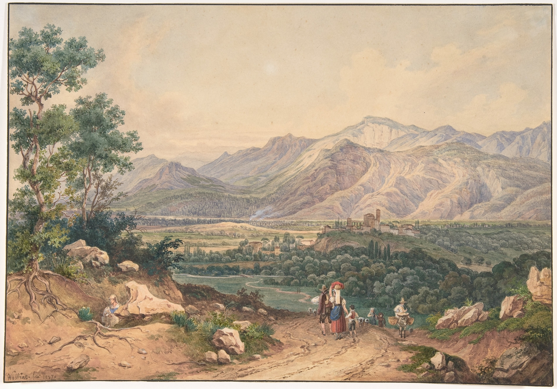Engraving by Ernst Welker depicting mountains and a valley with sunlight.