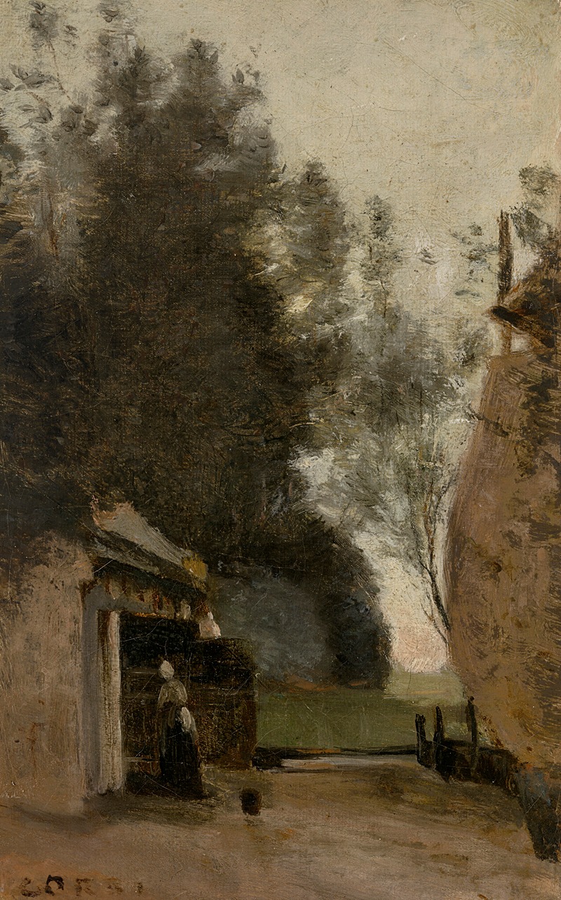 A serene landscape painting by Jean-Baptiste-Camille Corot depicting a small farm near Amsterdam.