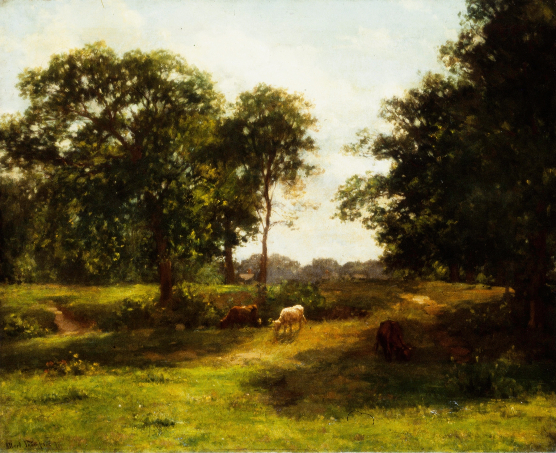 Landscape by Alfred Wordsworth Thompson, oil on canvas, depicting gentle hills and muted green tones.
