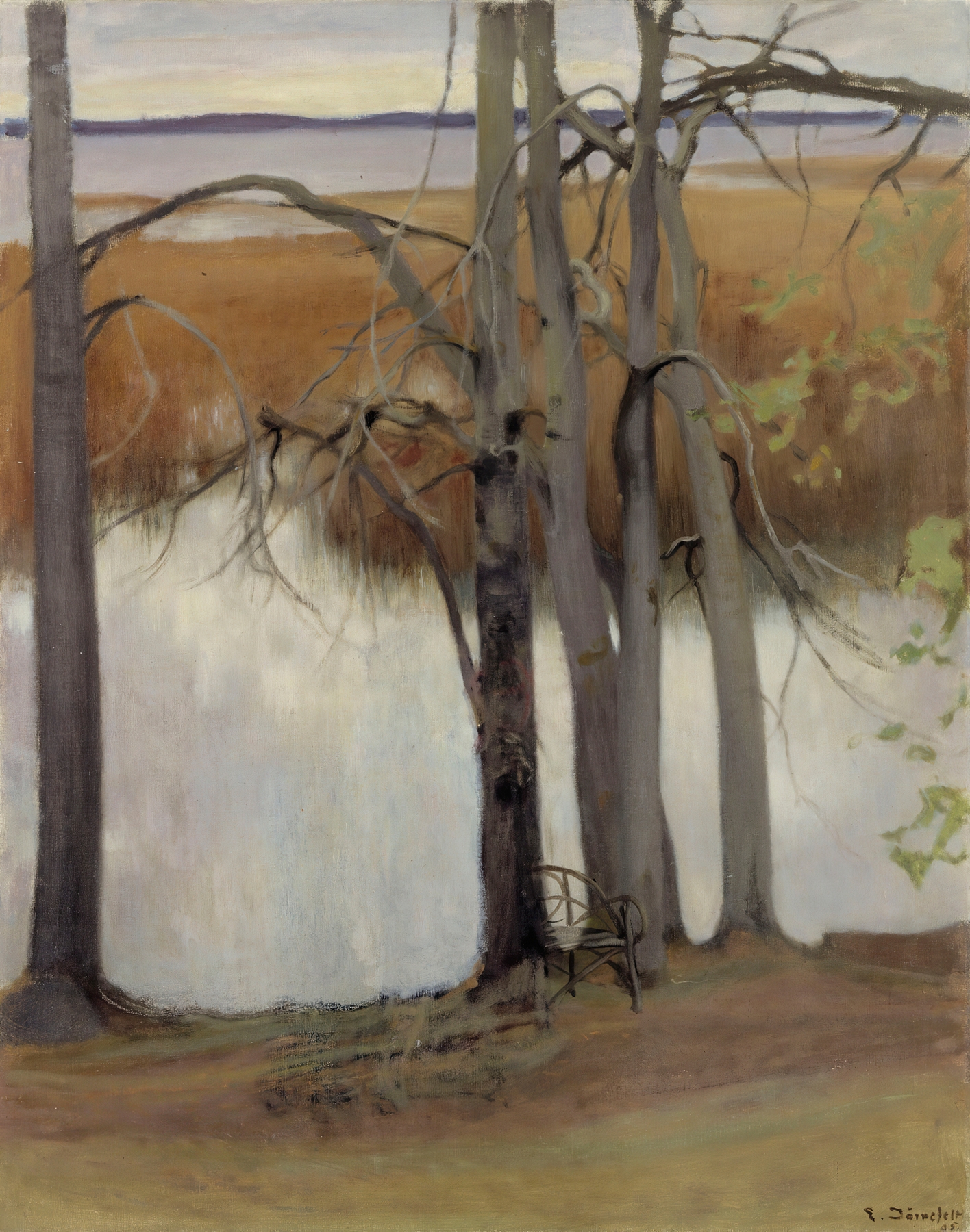 Lake Shore with Reeds by Eero Järnefelt, oil painting depicting tranquil lake and reeds.