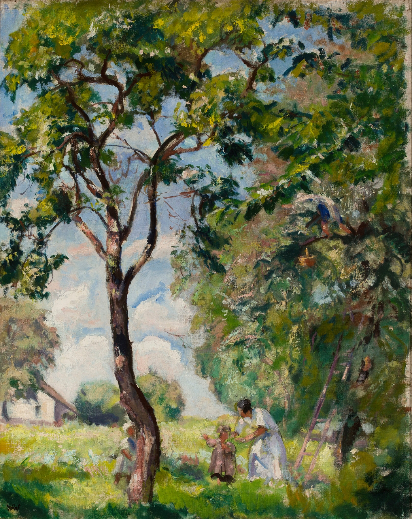 Figurative oil painting by Wojciech Weiss depicting two figures in a garden.