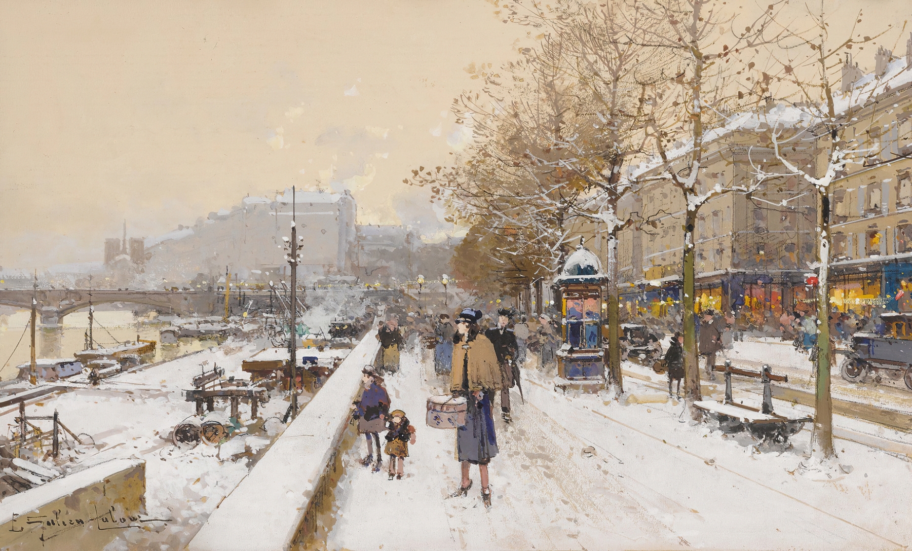 Quai Des Célestins by Eugène Galien-Laloue, impressionism, landscape with trees and river