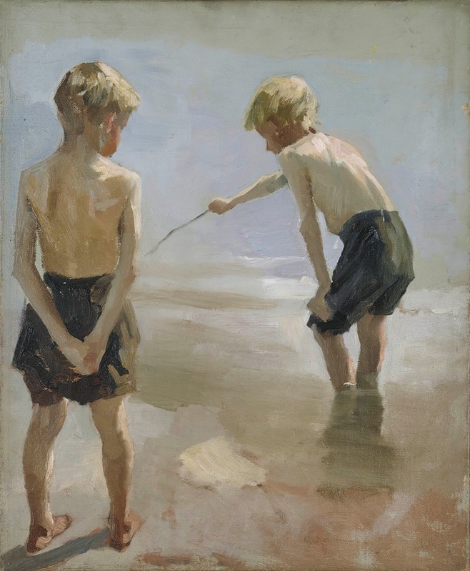 A painting depicting boys playing on the shore, capturing the essence of childhood joy.