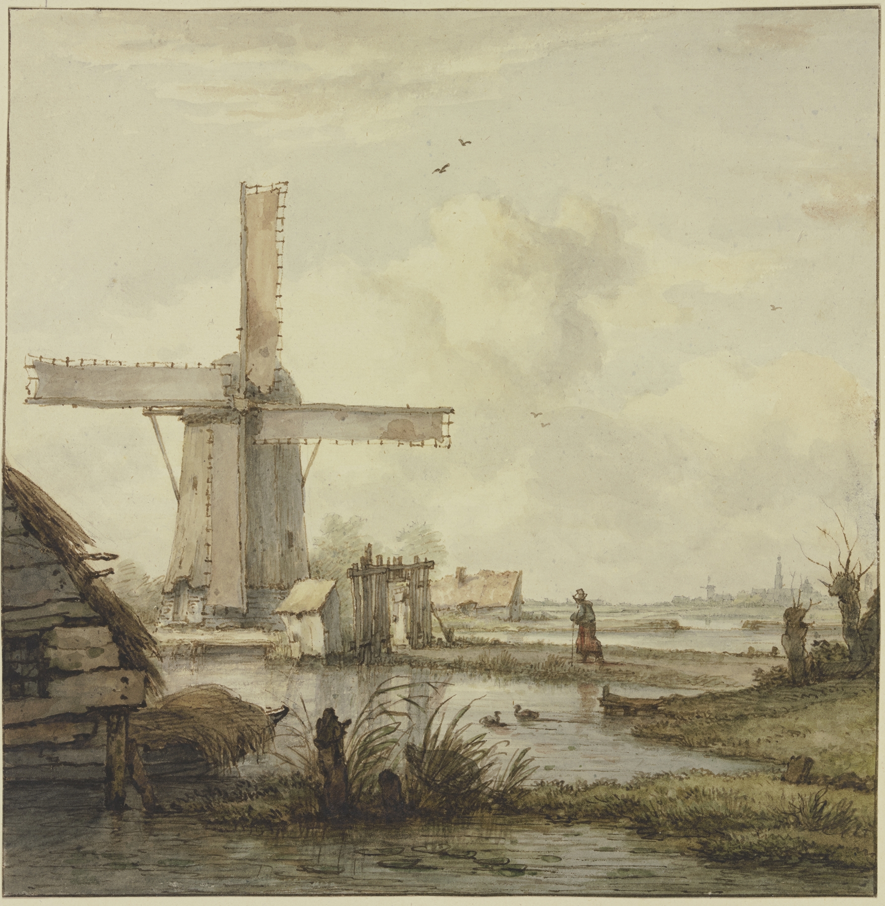 Landscape with a windmill and a woman walking on a dam, by Jan Hulswit, medium unknown.