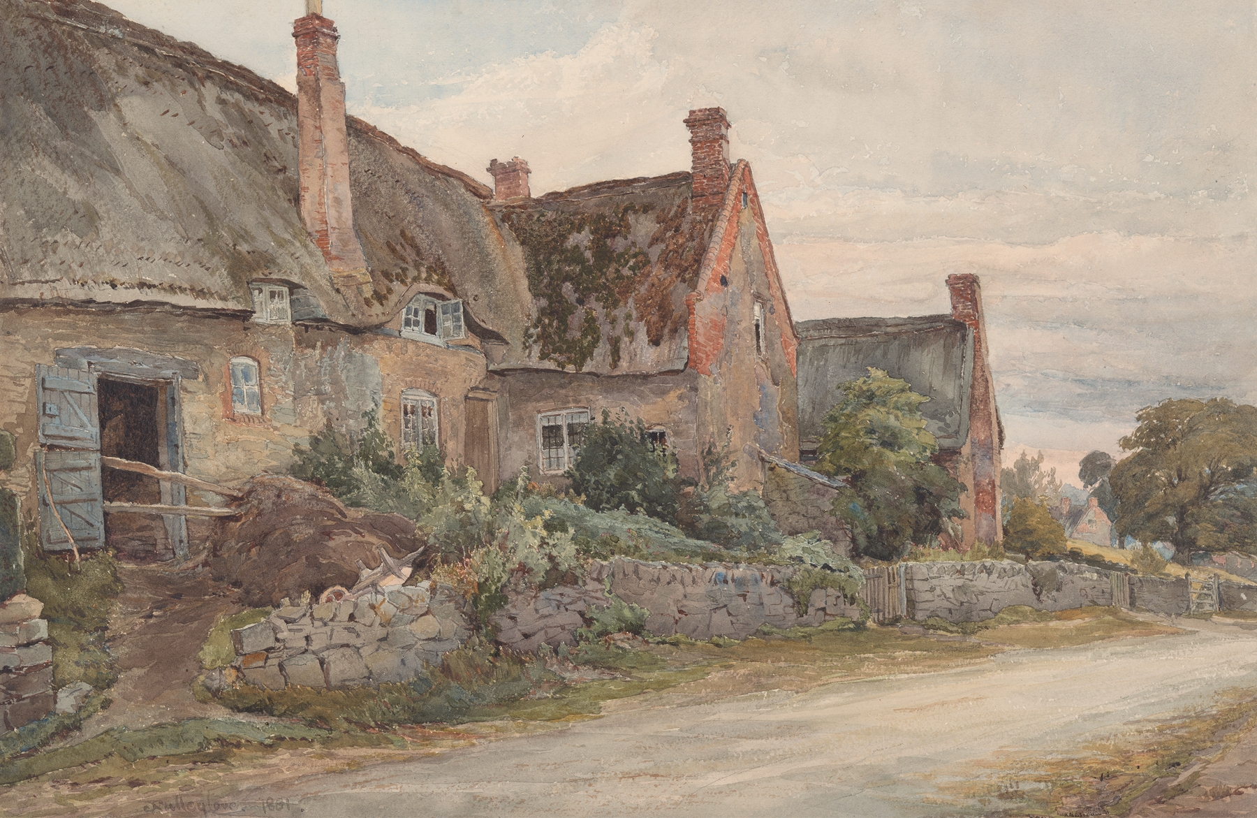 Thatched cottage and barn in a lush landscape, oil painting by John Fulleylove, 1881