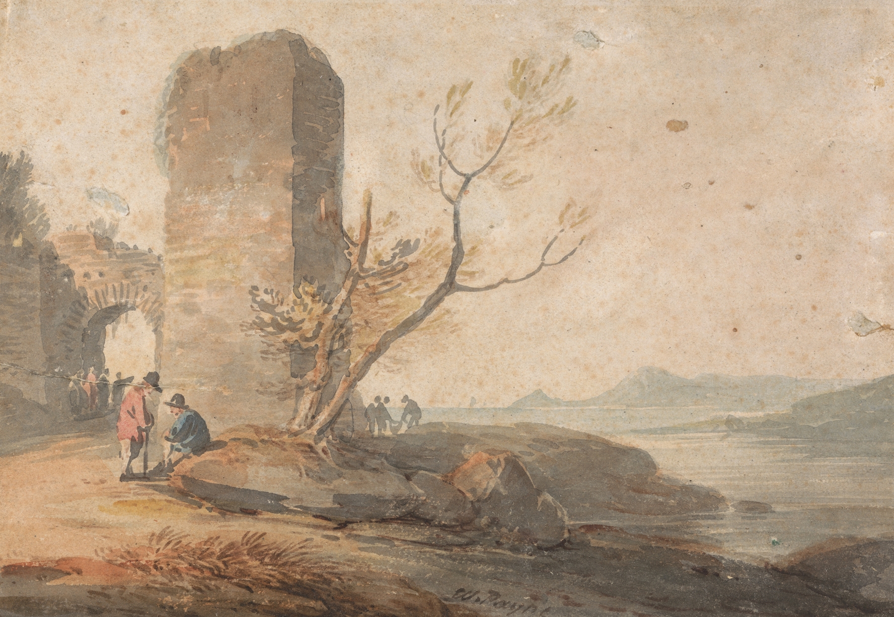 Figures by William Payne, watercolor on paper, standing before a ruined arch.