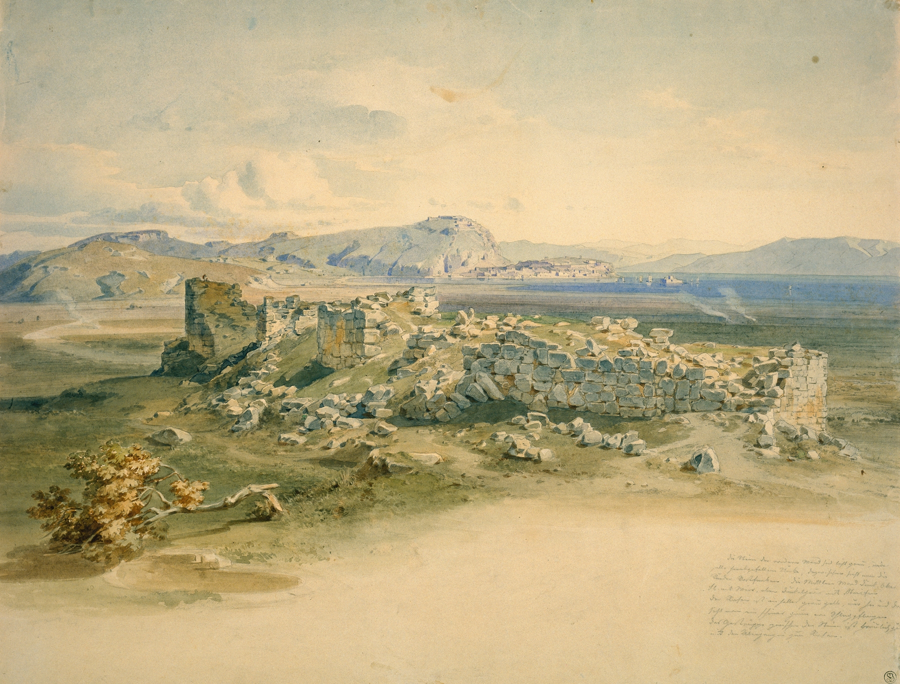 Landscape oil painting by Carl Rottmann depicting ruins and mountains under soft afternoon light.