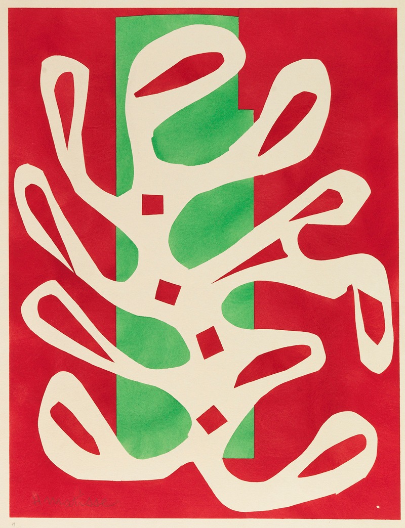 A vibrant abstract piece featuring white algae against a red and green background.
