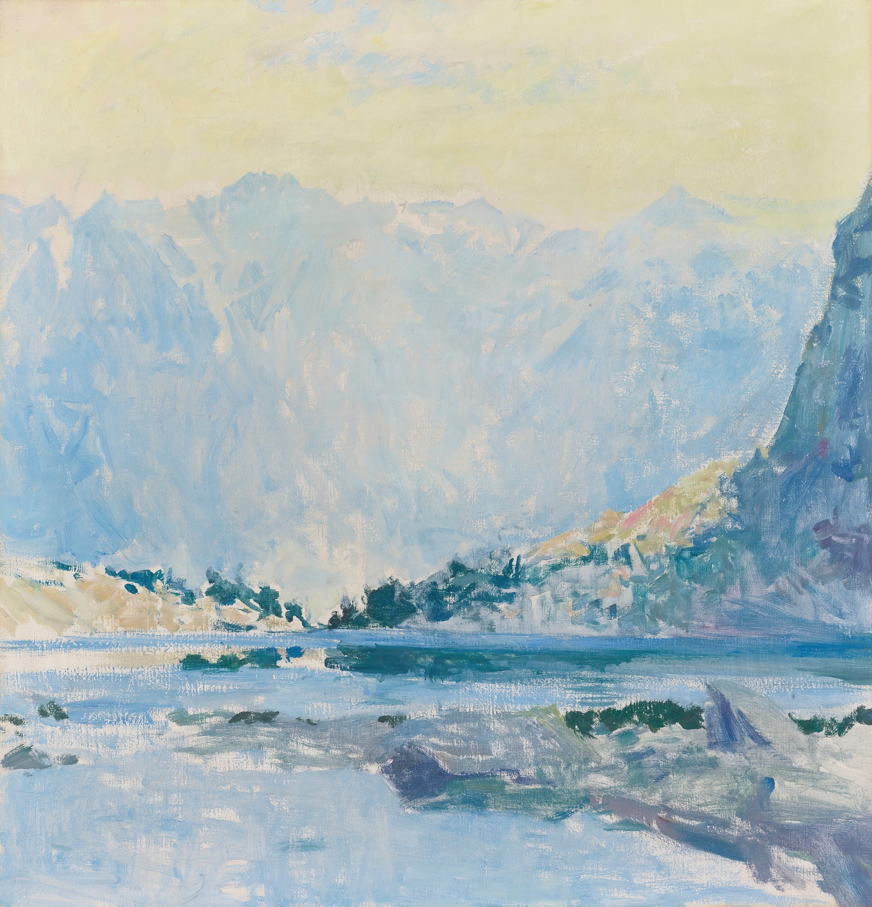 Mountain Lakes by Guy Rose, oil on canvas depicting a serene lake and mountains at sunset