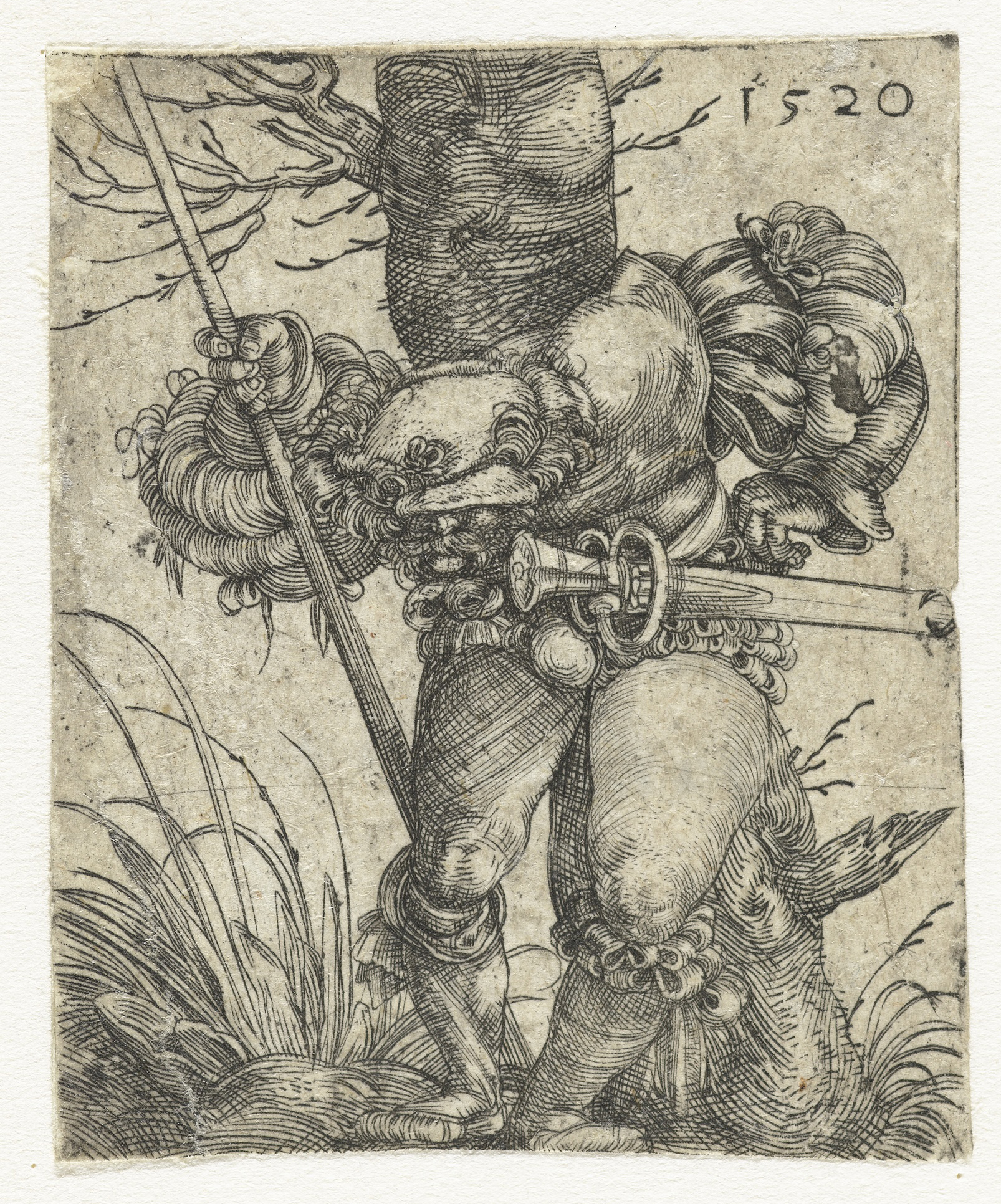 Soldaat voorovergebogen staand voor een boom, by Barthel Beham, public domain