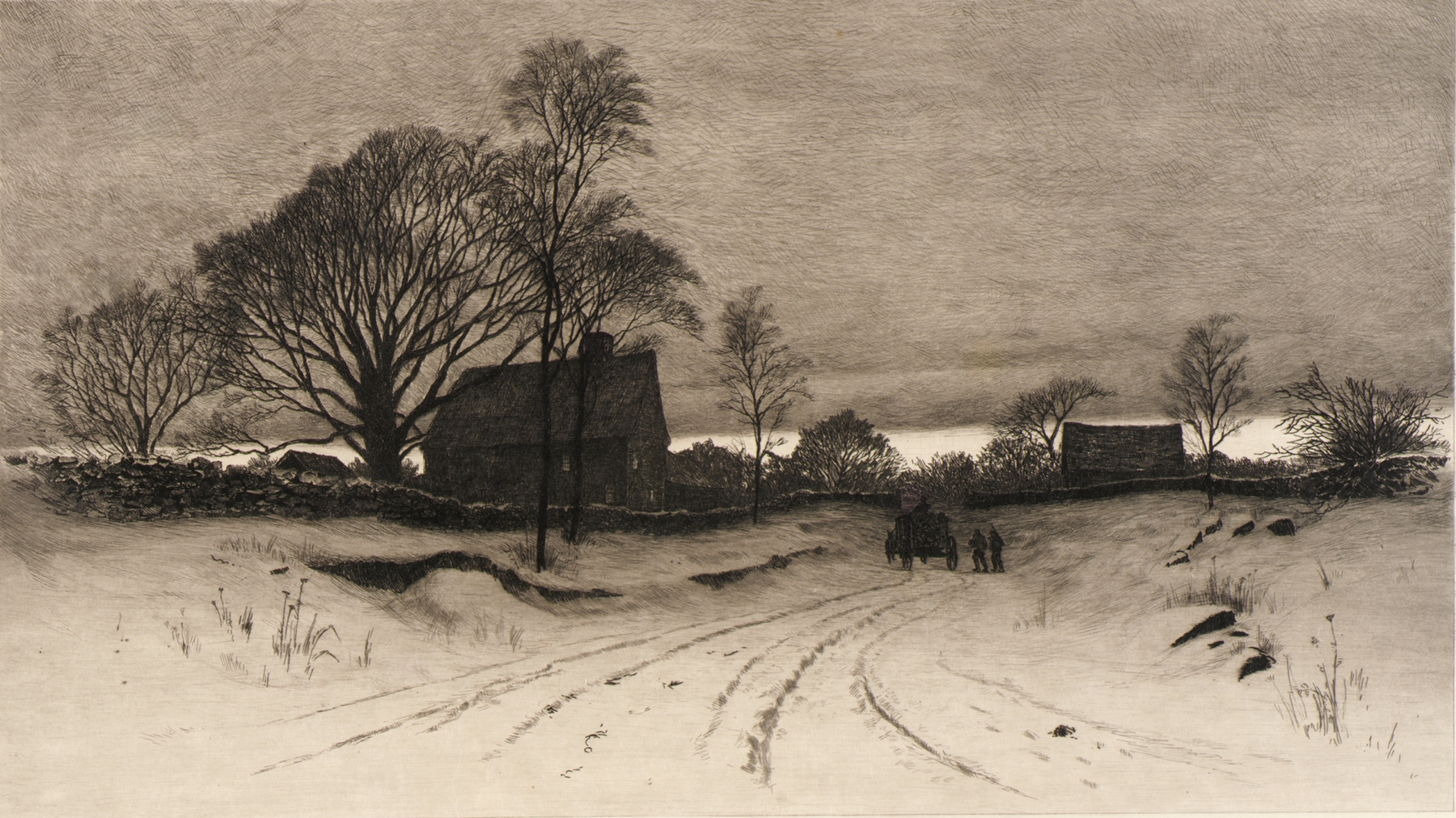 Rural winter scene with farmhouse and snow by Charles Frederick William Mielatz, oil painting