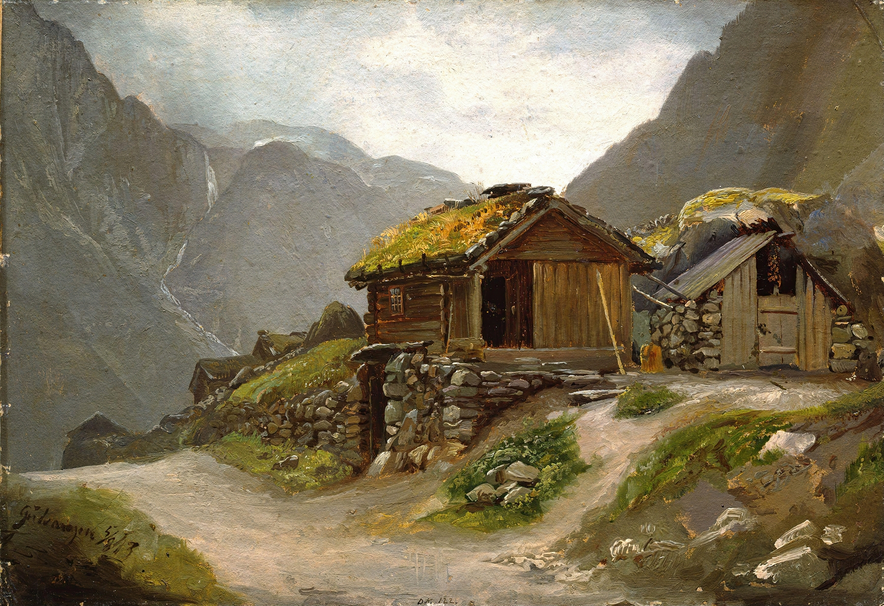 Landscape view featuring mountains and a river by Adolph Tidemand, oil painting