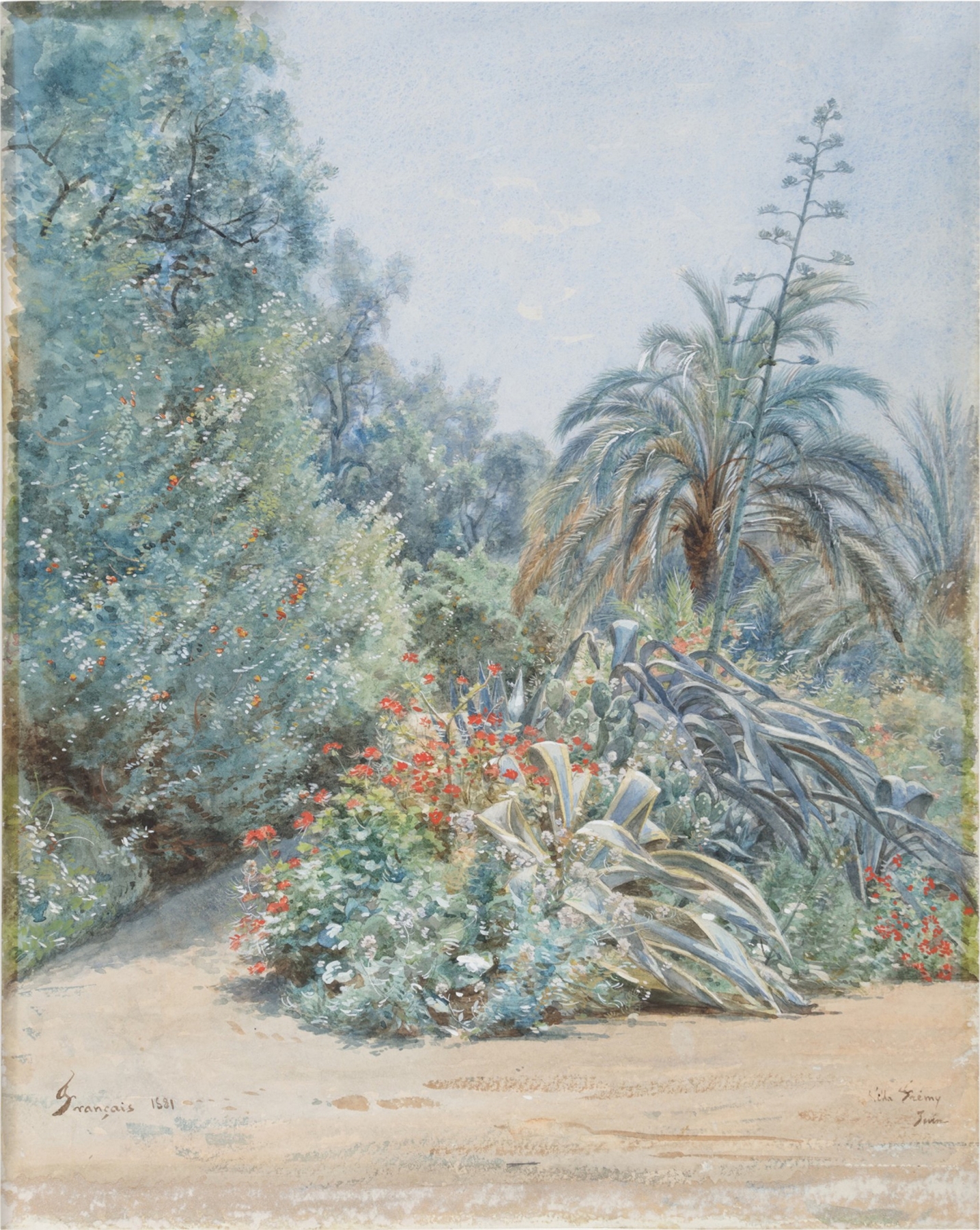 Coin de jardin, Villa Fremy by Francois-Louis Français, oil on canvas depicting a tranquil garden scene.