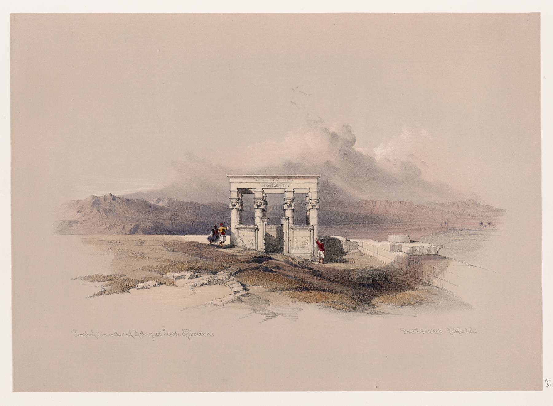 Temple of Isis architecture by David Roberts, 1846-1849, featuring intricate carvings and hieroglyphics.