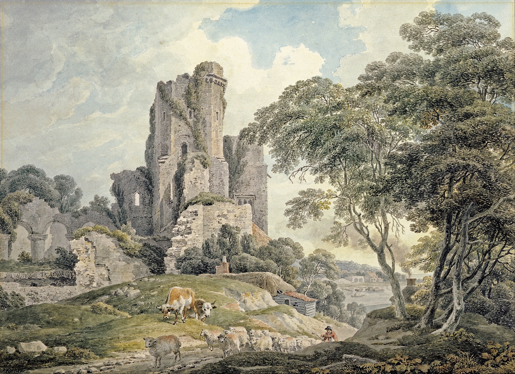A view of a ruined castle, by Michael Angelo Rooker, public domain
