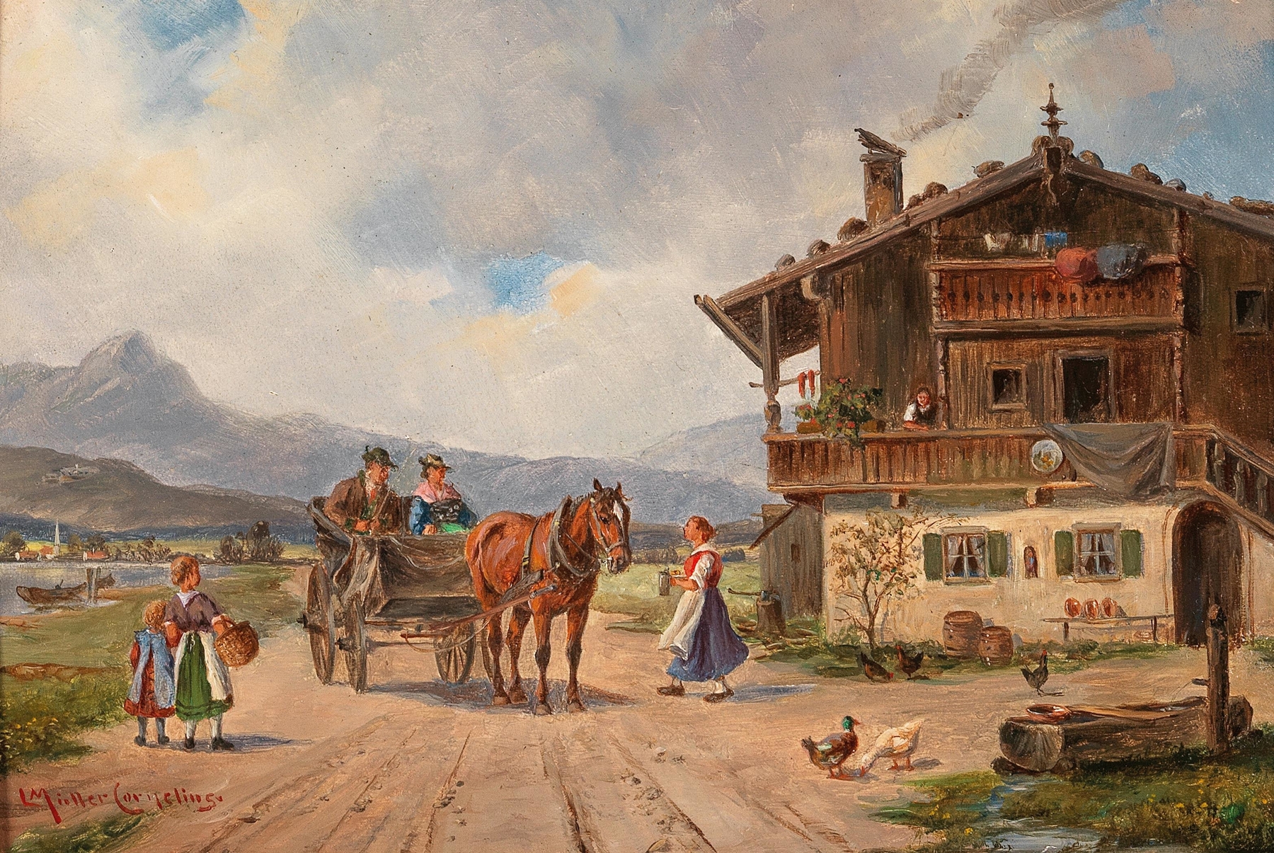 Serene lake reflecting a farmhouse, oil painting by Ludwig Müller-Cornelius