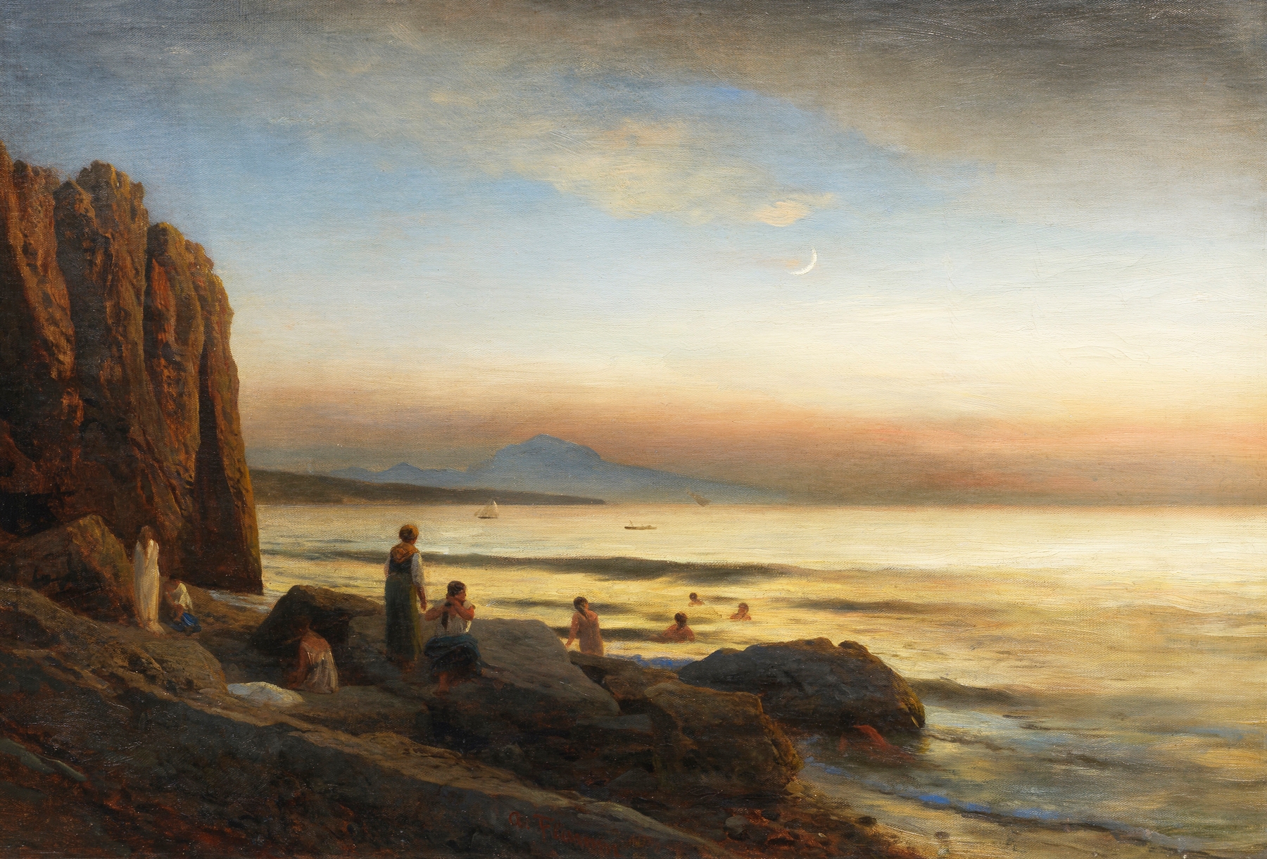 Marine scene with women by Albert Flamm, oil painting