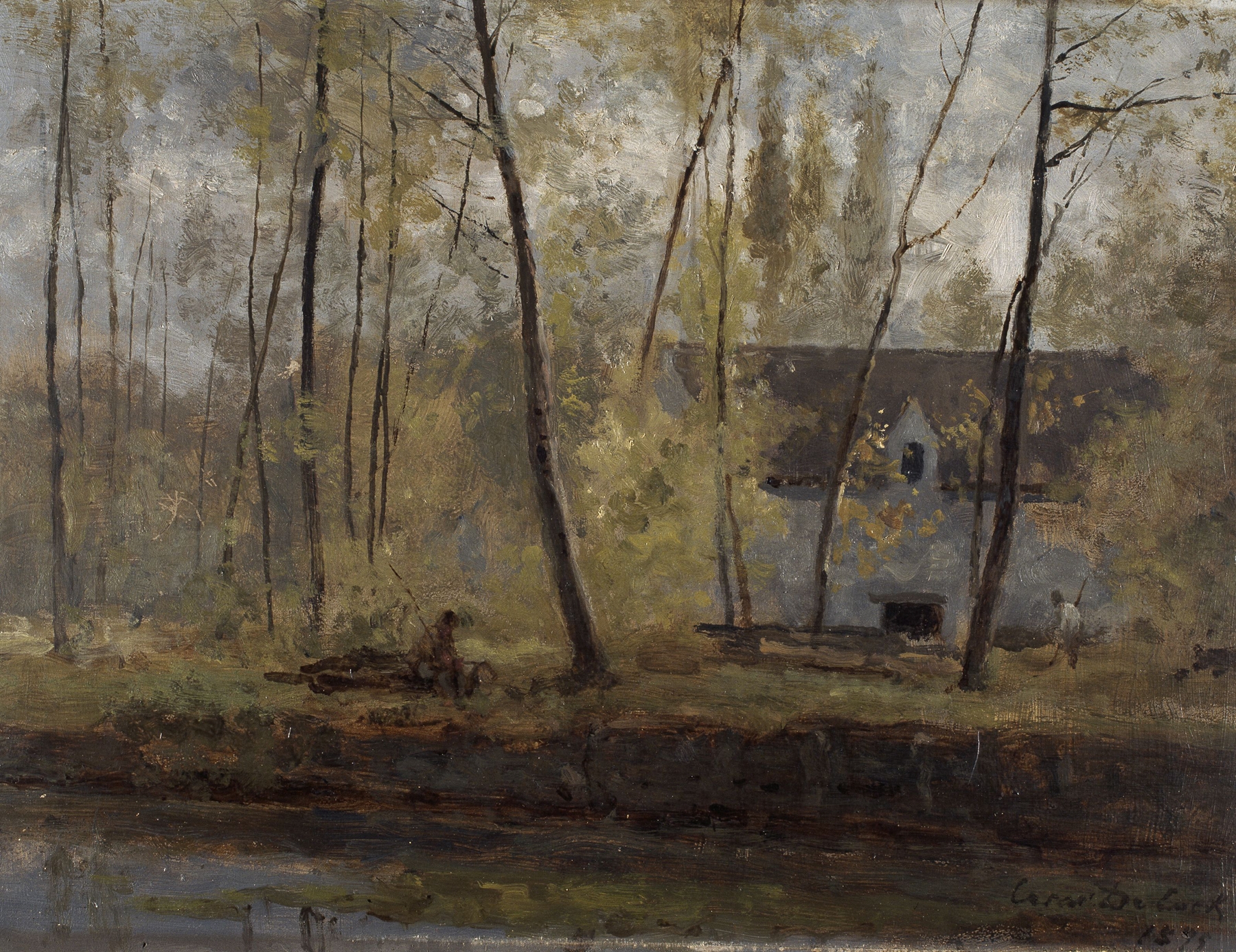 Farmhouse by the Water, oil on canvas by César De Cock, depicting a tranquil landscape with a farmhouse and water.