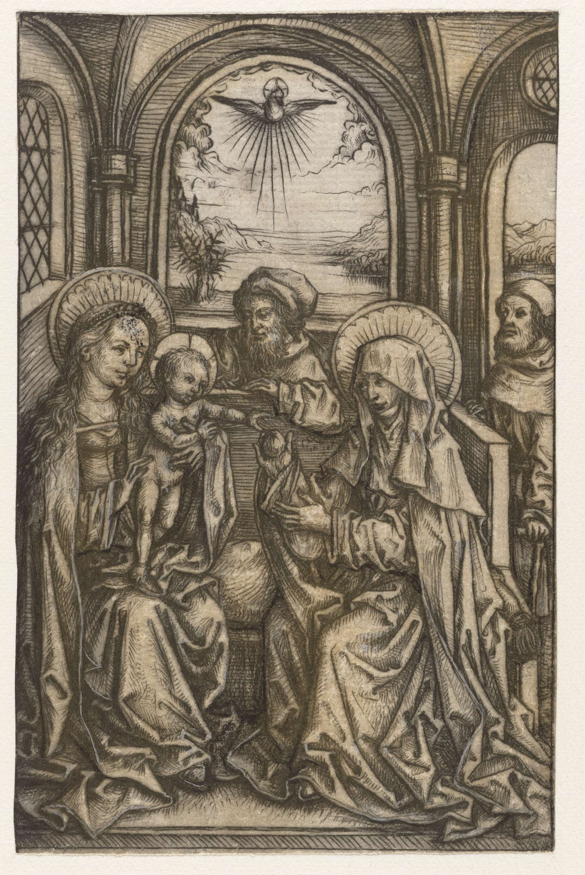 Drypoint by Meester van het Amsterdamse Kabinet depicting the Holy Family in a vaulted space.