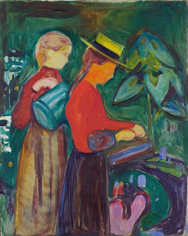 A painting depicting girls watering flowers, showcasing Edvard Munch's unique style.
