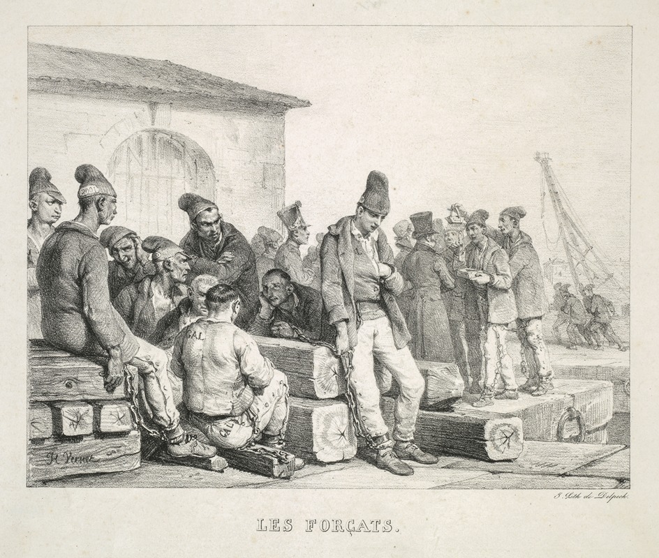 A painting depicting convicts in a historical setting.