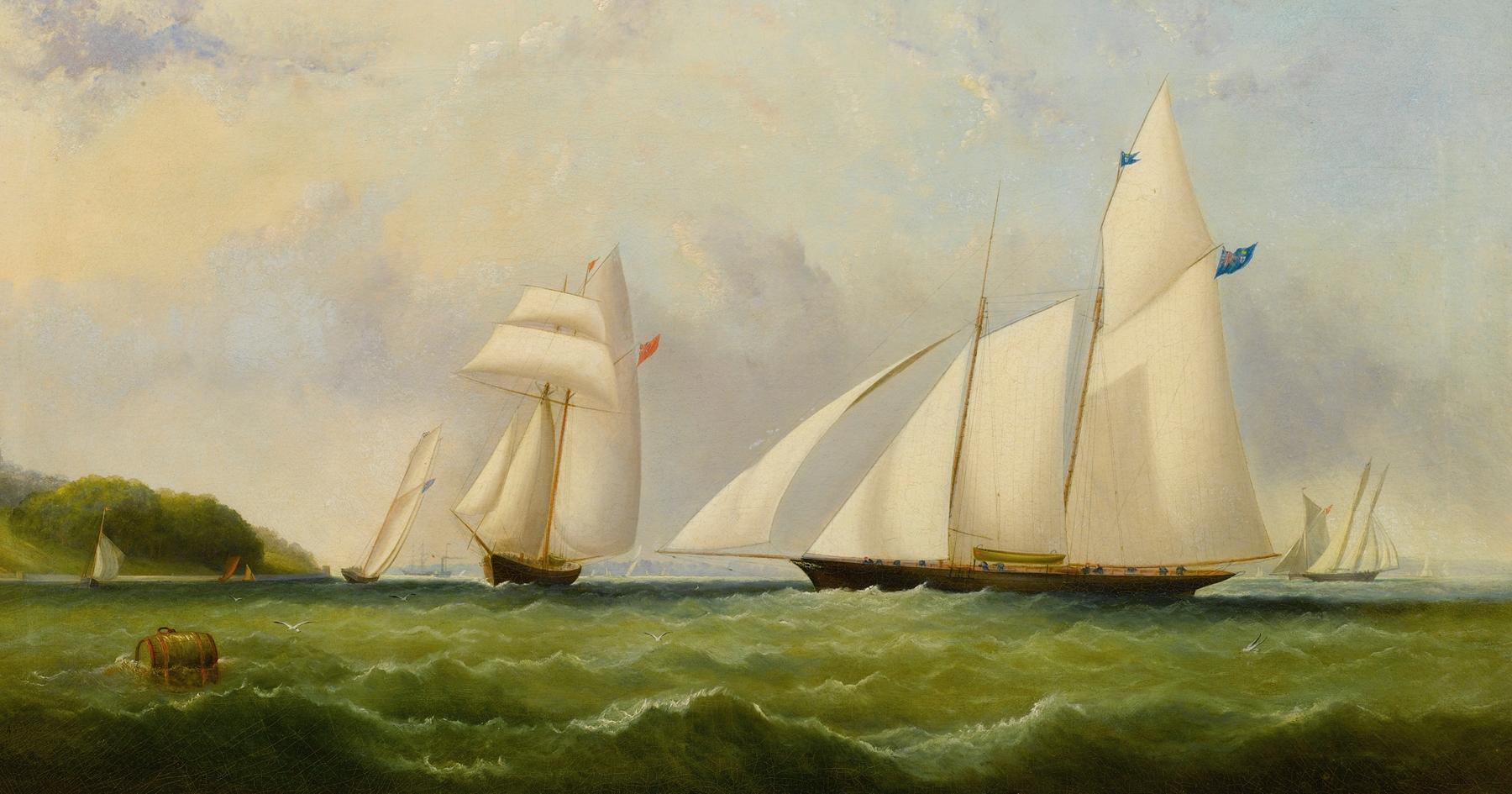 The Yacht Cambria Racing Off Ryde by Arthur Wellington Fowles, oil painting depicting a yacht on the ocean.