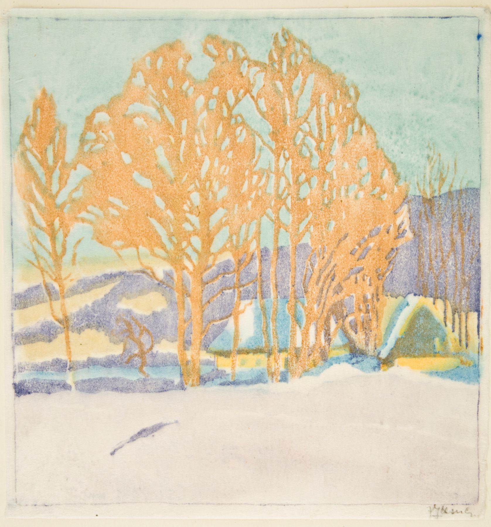 Winter landscape with cottages covered in snow, oil painting by Jakub Glasner
