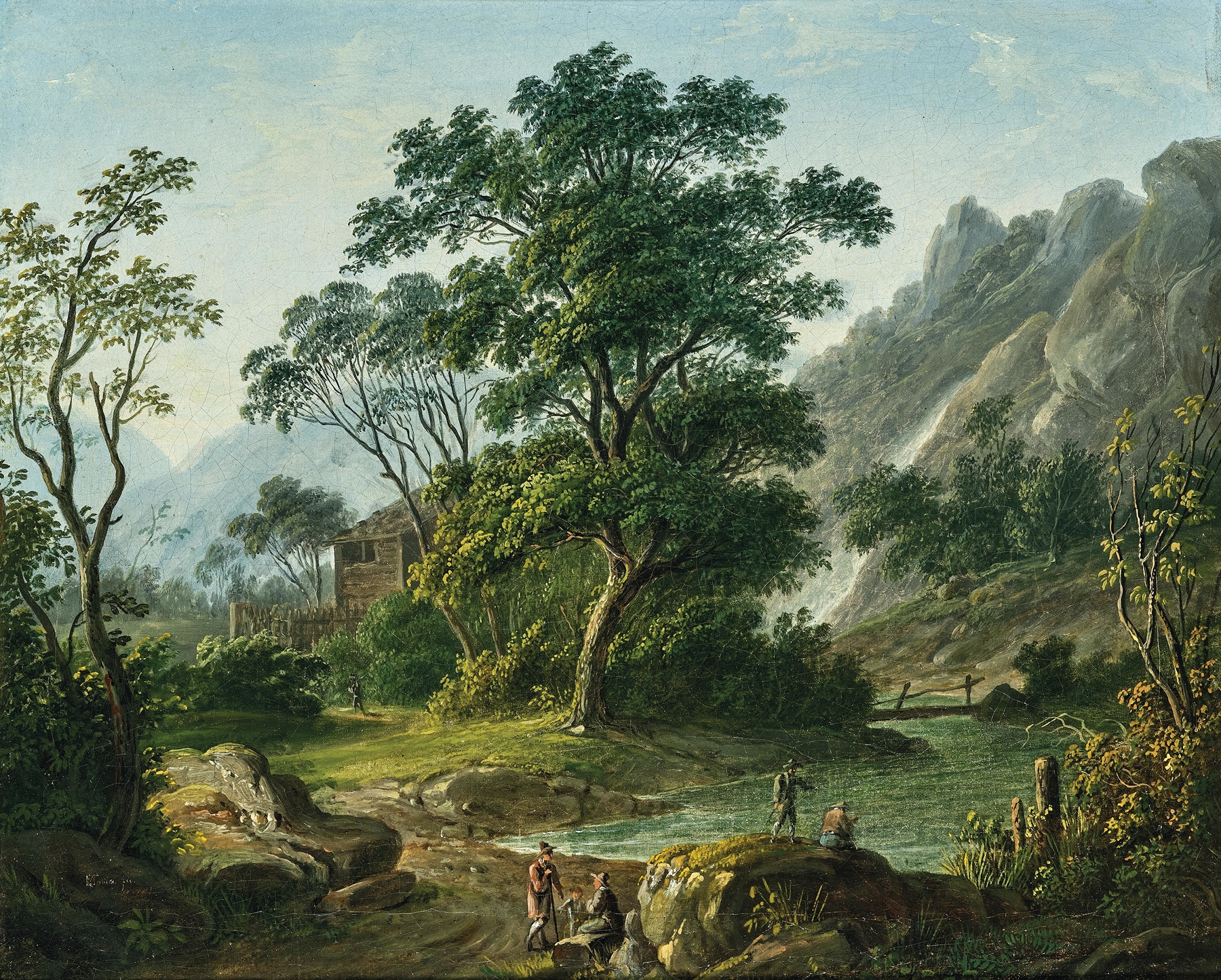 Oil painting by Matthias Rudolf Toma depicting travelers resting by a mountain lake