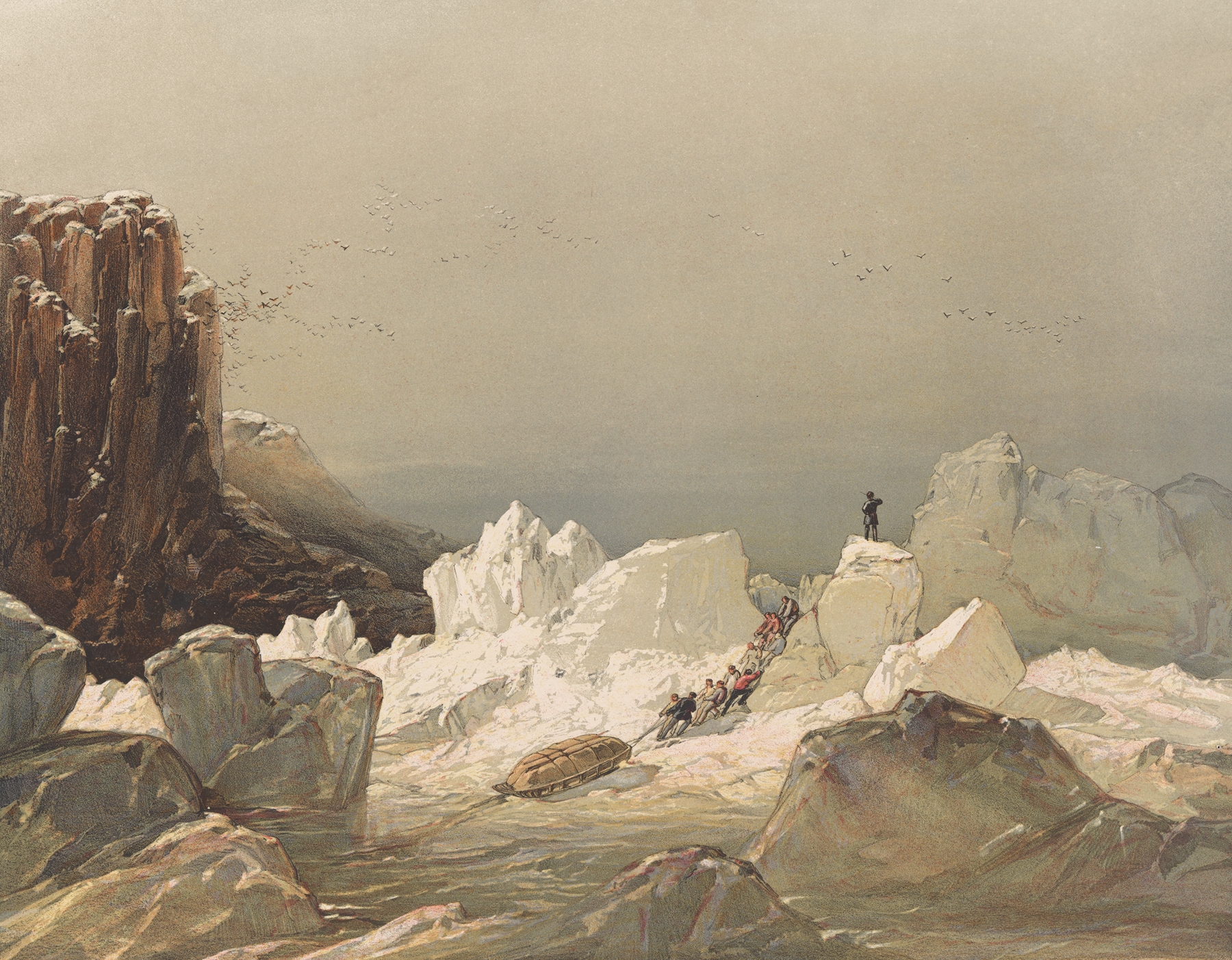 Sledging over Hummocky Ice, April 1853, by Samuel Gurney Cresswell, public domain