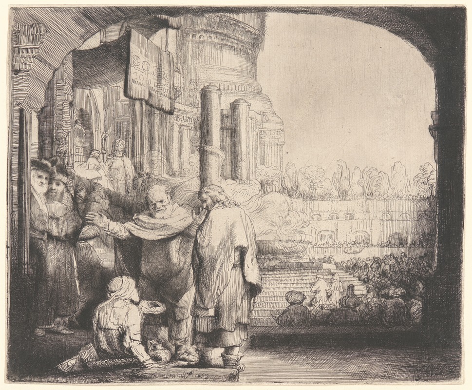 Rembrandt's painting depicts the moment Peter and John heal a crippled man.
