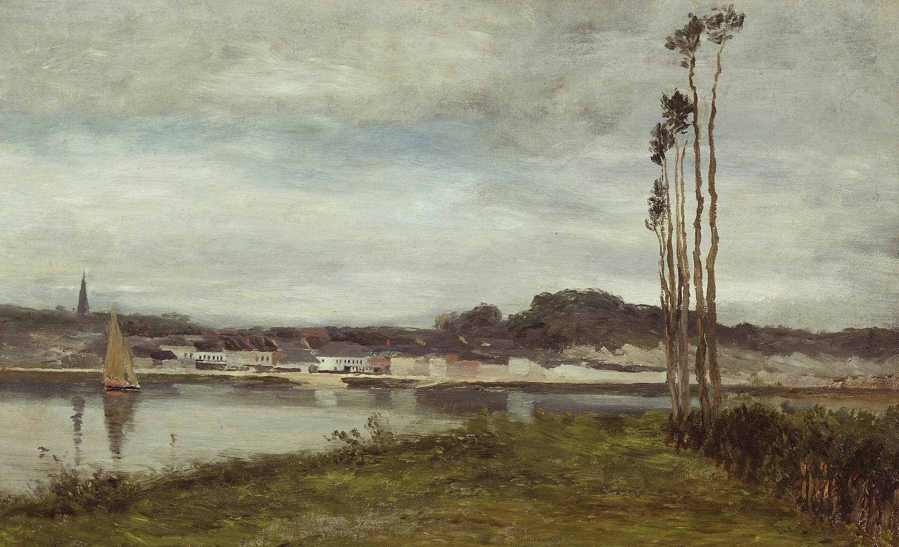 On the Seine by Homer Dodge Martin, oil painting of a tranquil river scene with soft light.