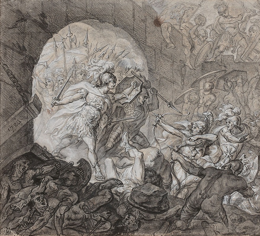 A historical painting depicting the Greeks forced by the Trojans.