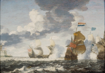 Naval battle with ships and a fortress, oil painting by Bonaventura Peeters d.ä.