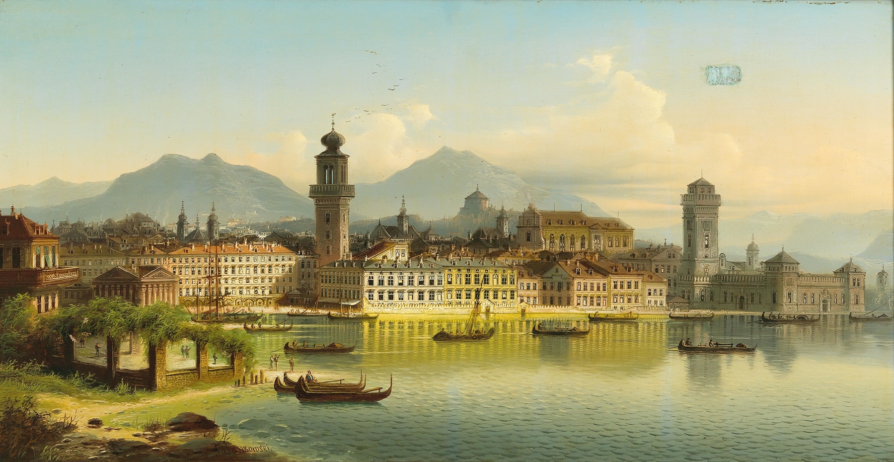 Lake Garda landscape with tranquil water reflections, oil on canvas by Johann Wilhelm Jankowski