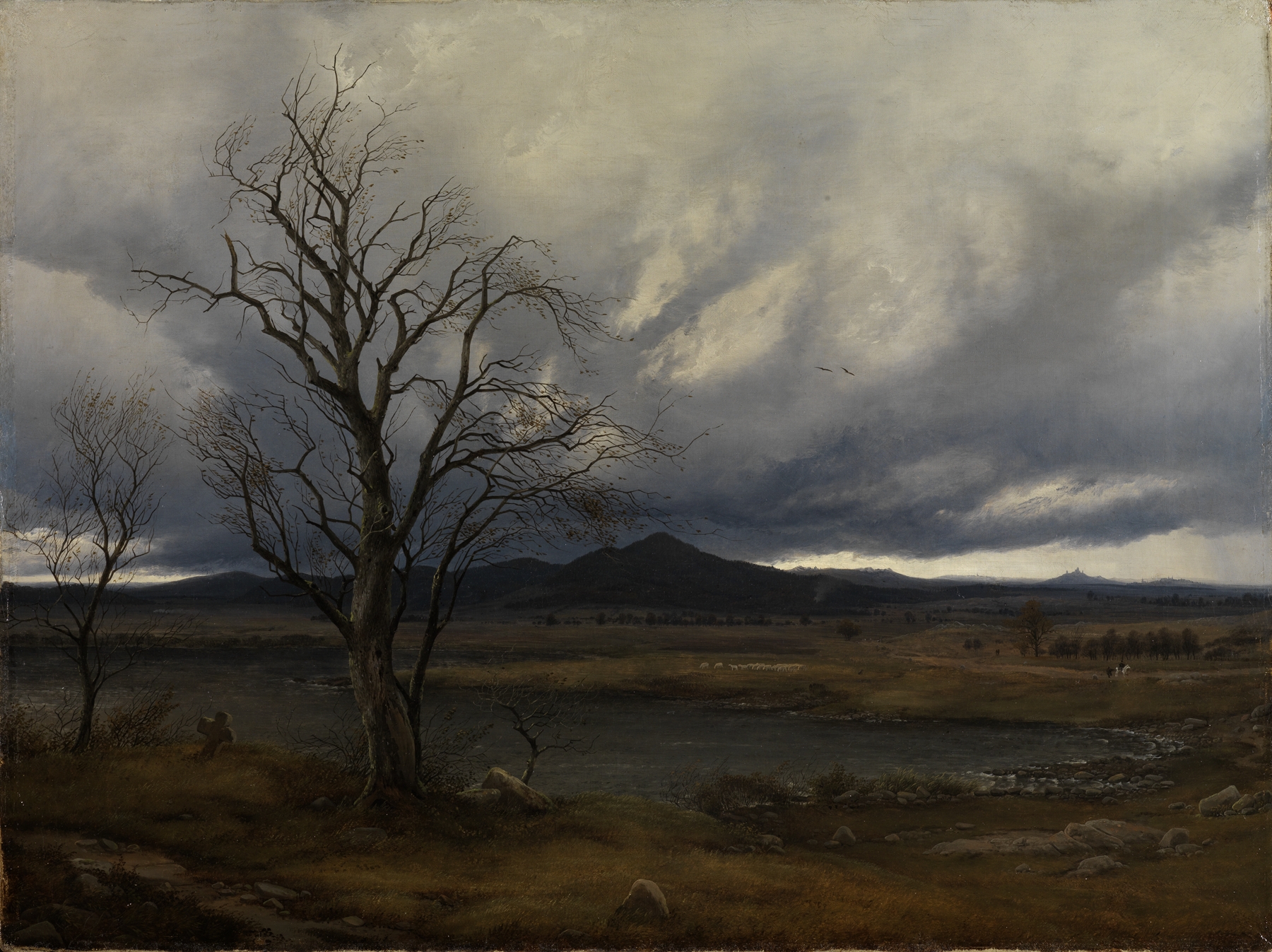 Landschaft mit aufziehendem Gewitter by Carl Julius von Leypold, oil painting depicting a meadow under a stormy sky.